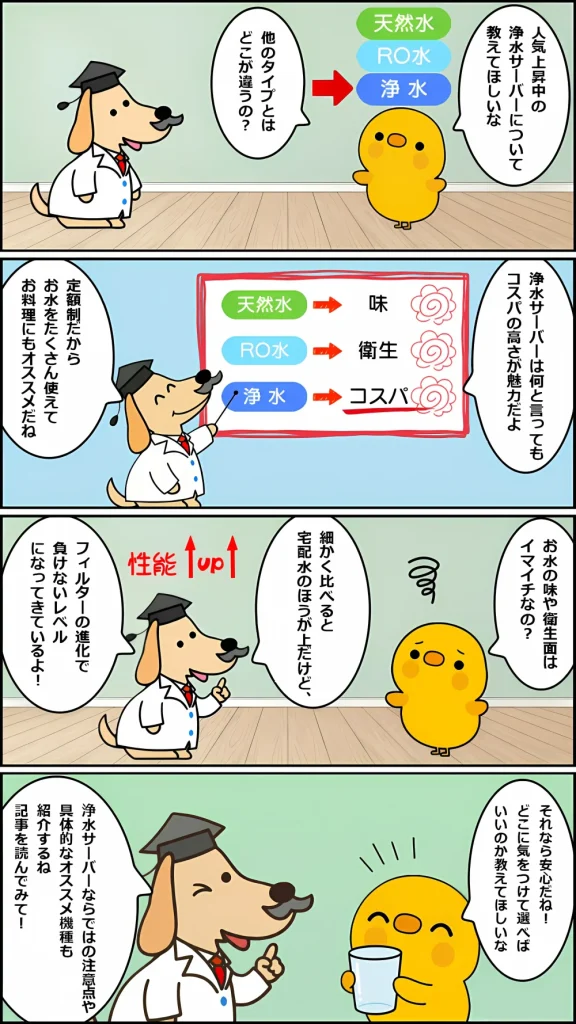 浄水サーバーの特徴について会話する博士とヒヨコの4コマ漫画